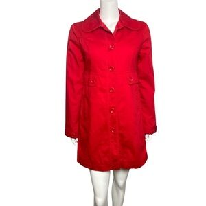 Anthropologie Tulle Trench Coat Womens Size S Red Button Up Long Sleeve Lined